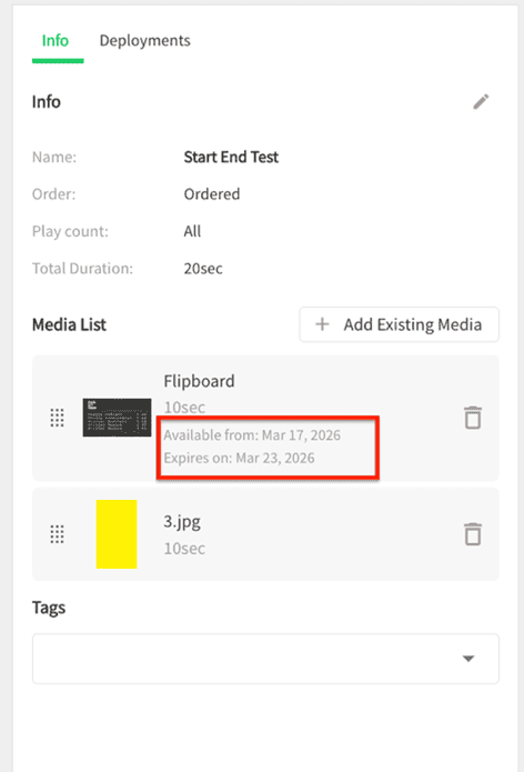 igotcha signage content start end time control players page